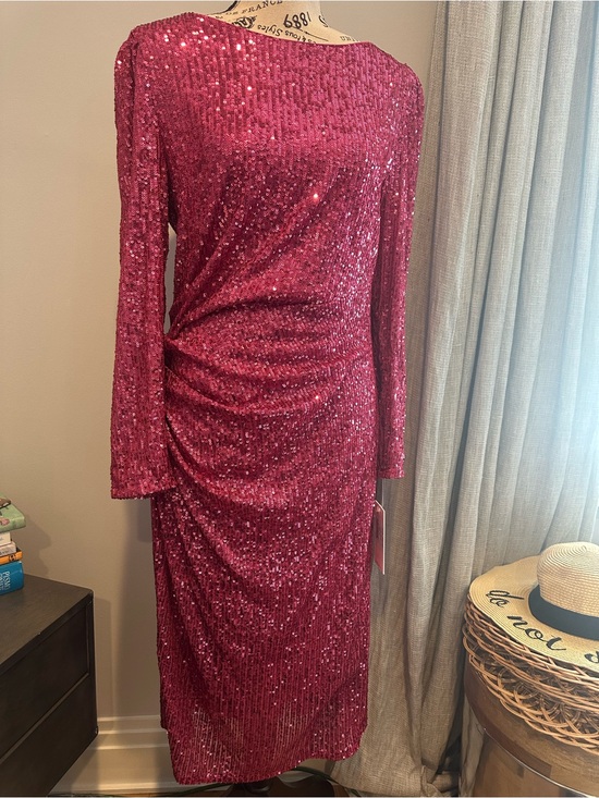 Nanette Lepore Dresses & Skirts - Nanette Lepore Fuchsia Sequin Long Sleeve Ruched Midi Dress